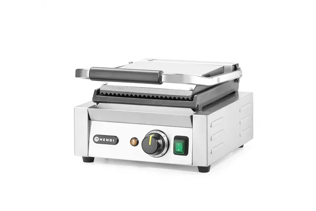 Grill kontaktowy pojedynczy, góra ryflowana , dół gładki, 230V/1800W, 310x375x216mm HENDI 263600