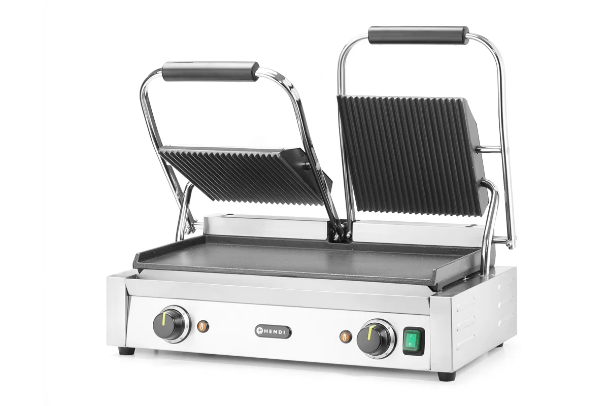 Grill kontaktowy podwójny, góra ryflowana , dół gładki, 230V/3600W, 570x375x216mm HENDI 263808