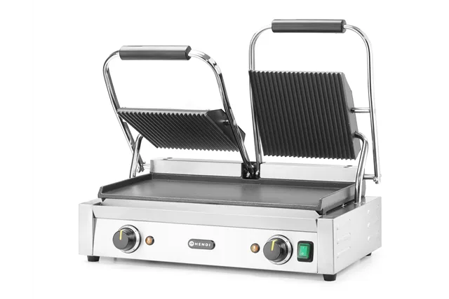 Grill kontaktowy podwójny, góra ryflowana , dół gładki, 230V/3600W, 570x375x216mm HENDI 263808