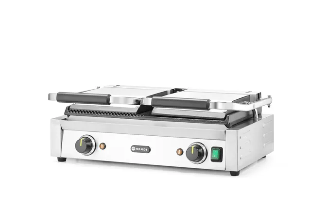 Grill kontaktowy podwójny, 1/2 gładka, 1/2 ryflowana, 230V/3600W, 570x375x216mm HENDI 263907