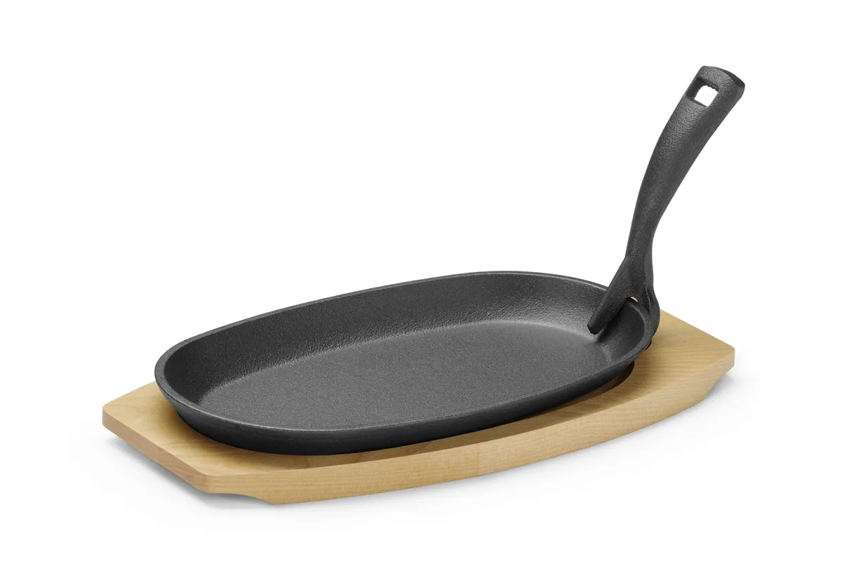Półmisek żeliwny z drewnianą podstawą i uchwyczarny, 280x143x33mm, Owalny HENDI 629383