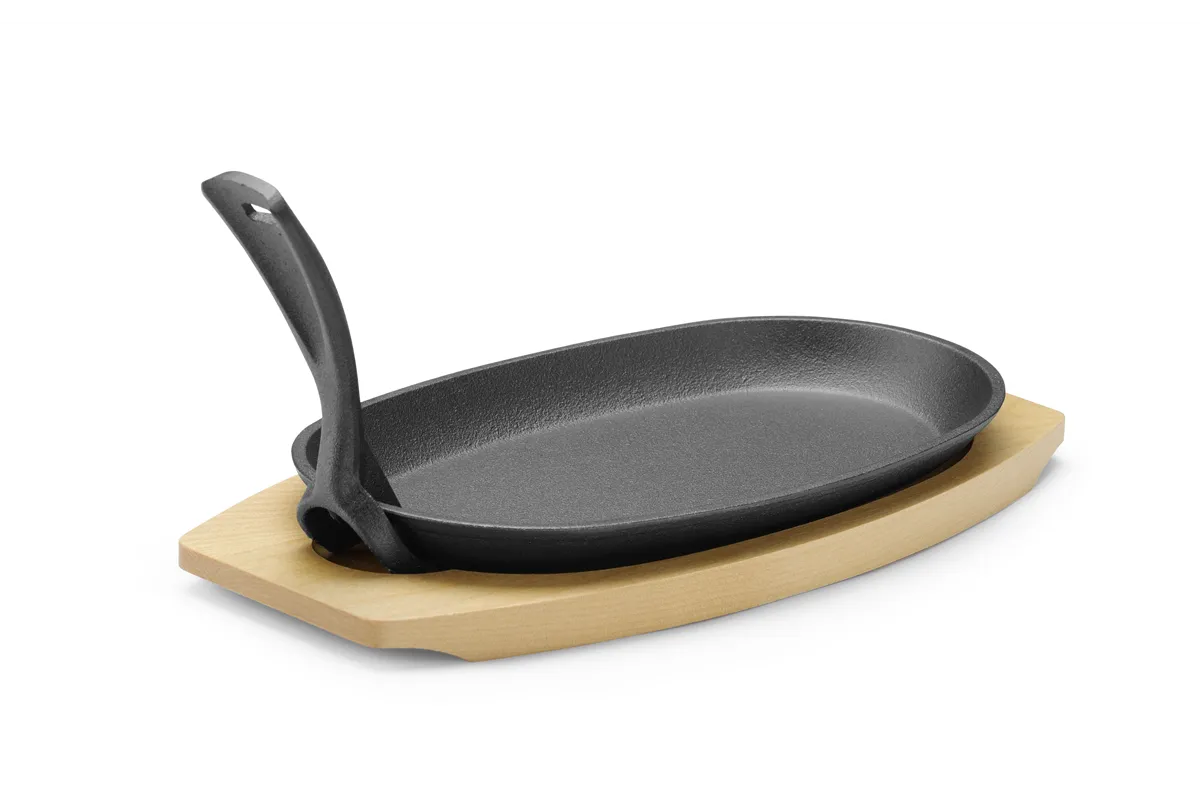 Półmisek żeliwny z drewnianą podstawą i uchwyczarny, 280x143x33mm, Owalny HENDI 629383