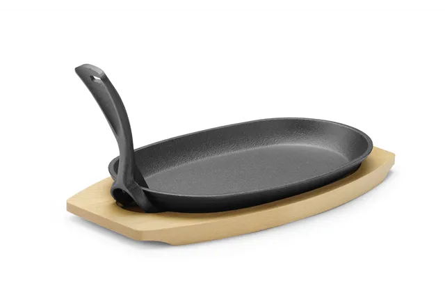 Półmisek żeliwny z drewnianą podstawą i uchwyczarny, 280x143x33mm, Owalny HENDI 629383