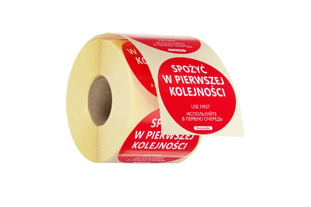 Etykiety Food Safety, wielokrotnego użytku – „SPOŻYĆ W PIERWSZEJ KOLEJNOŚCI", czerwony, 500 szt., ⌀50mm HENDI 850152