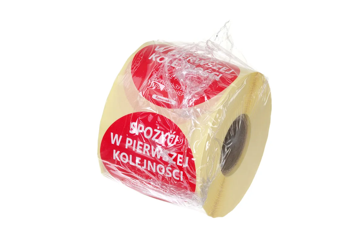 Etykiety Food Safety, wielokrotnego użytku – „SPOŻYĆ W PIERWSZEJ KOLEJNOŚCI", czerwony, 500 szt., ⌀50mm HENDI 850152