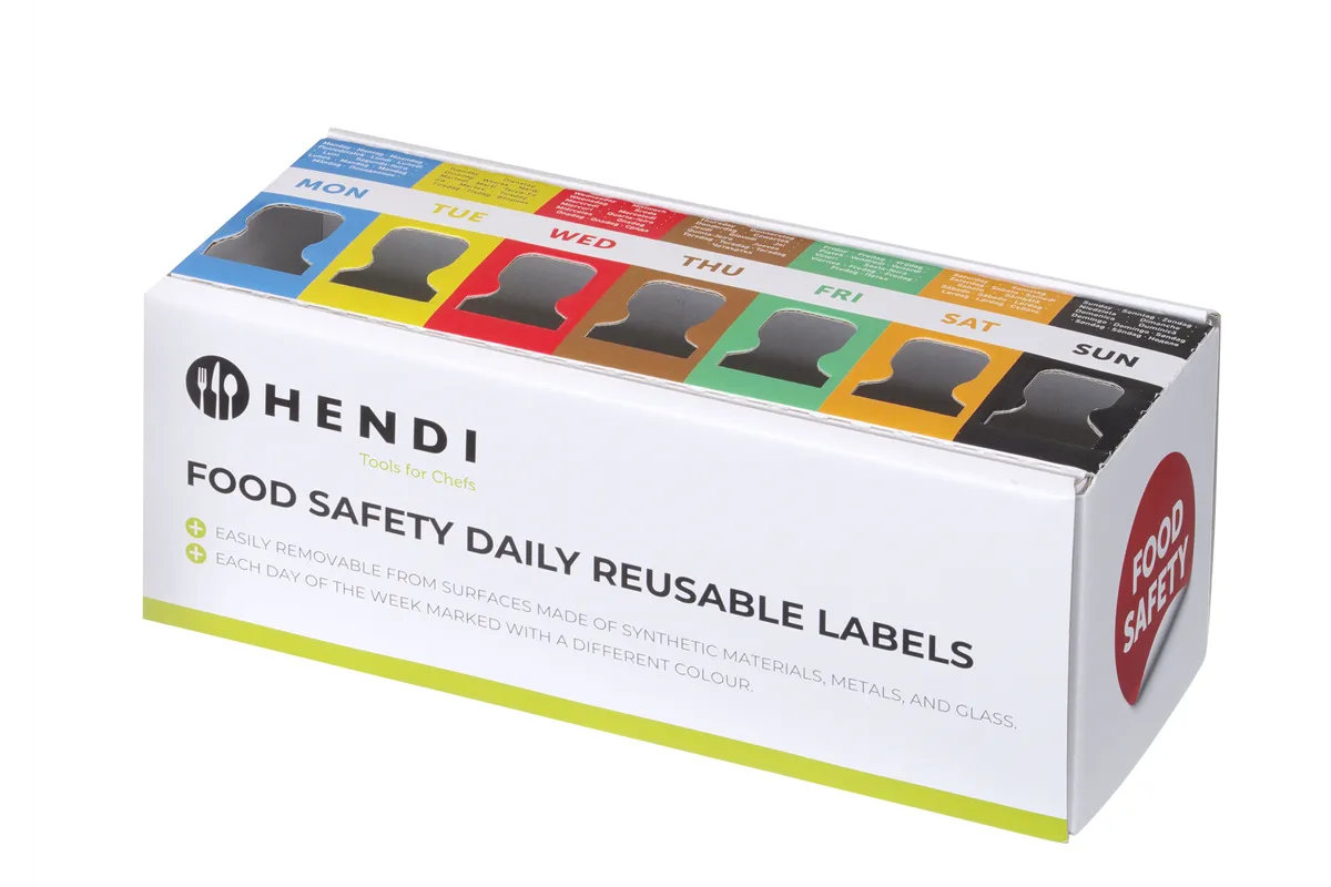 Zestaw etykiet wielorazowych Food Safety na każdy dzień tygodnia z podajnikiem, 240x80x100mm HENDI 850305
