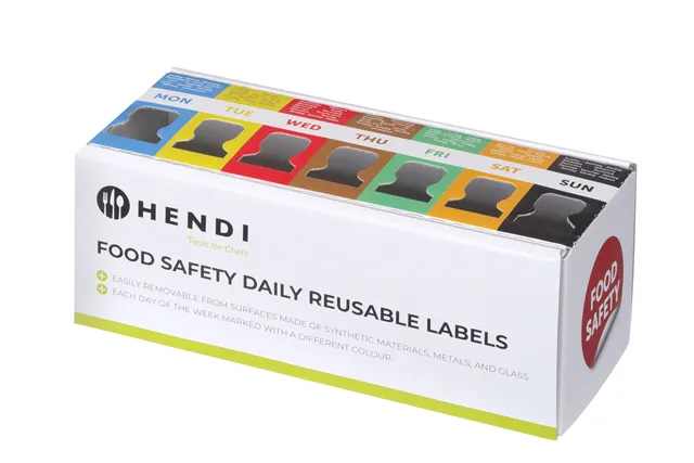 Zestaw etykiet wielorazowych Food Safety na każdy dzień tygodnia z podajnikiem, 240x80x100mm HENDI 850305