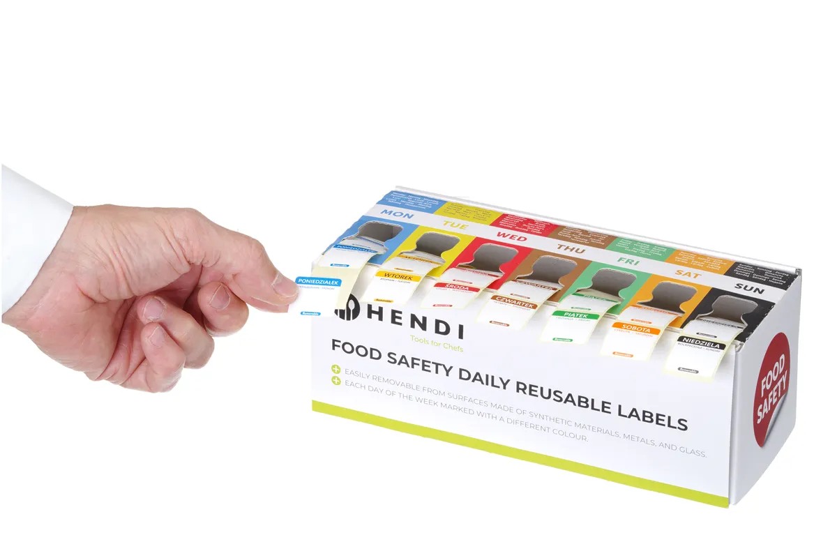 Zestaw etykiet wielorazowych Food Safety na każdy dzień tygodnia z podajnikiem, 240x80x100mm HENDI 850305