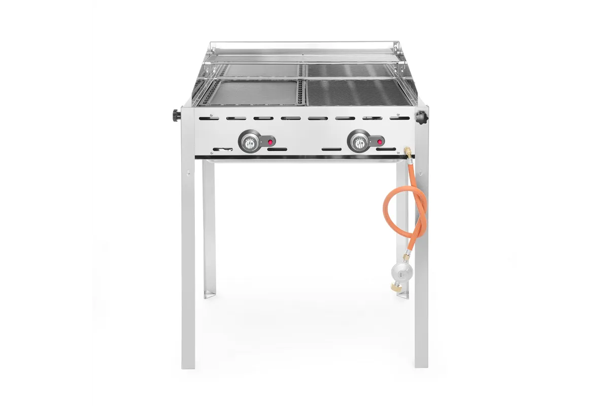 Grill Green Fire 2-palnikowy, Profi Line, Emaliowana patelnia żeliwna i ruszt GN 1/1, 11,6kW, 740x615x825mm HENDI 149508