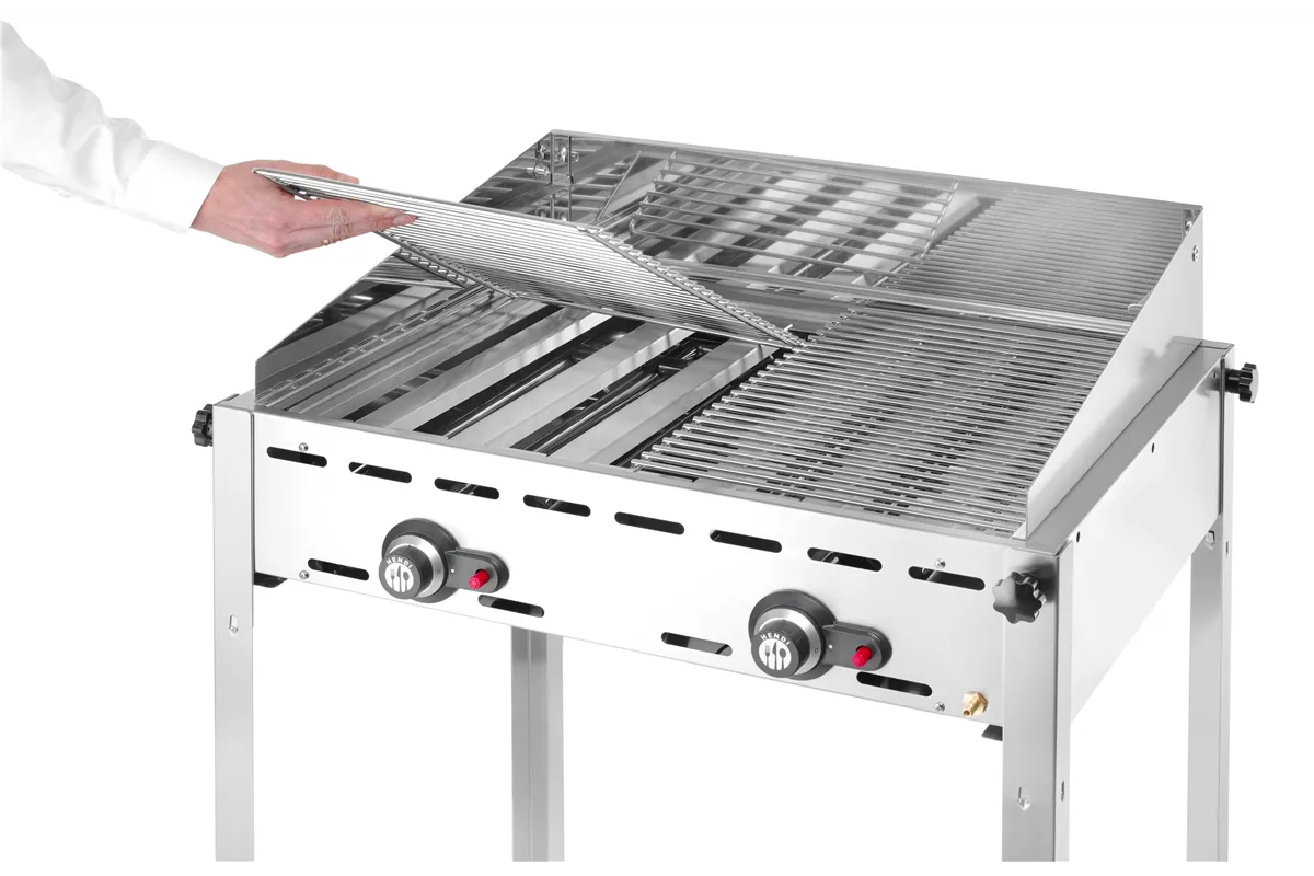 Grill Green Fire 2-palnikowy, Profi Line, Emaliowana patelnia żeliwna i ruszt GN 1/1, 11,6kW, 740x615x825mm HENDI 149508