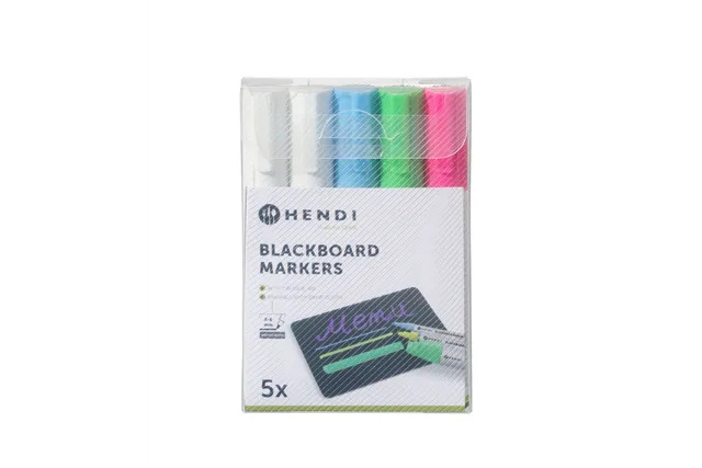 Markery do tablicy z wąską końcówką, 1 różowy, 1 zielony, 1 niebieski i 2 białe markery HENDI 664216