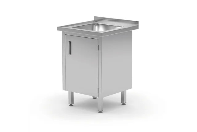 Stół ze zlewem, szafka – spawany, z drzwiami na zawiasach, Profi Line, 600x700x850 mm, 600x700x850mm HENDI 813546