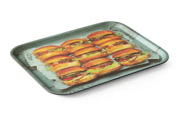 Taca do serwowania z nadrukiem, antypoślizgowa, tasty burger, 330x430mm HENDI 508008