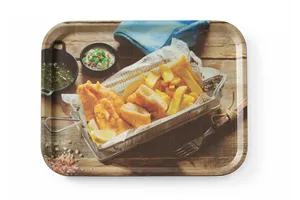 Taca do serwowania z nadrukiem, antypoślizgowa, tasty fish & chips, 330x430mm HENDI 508022