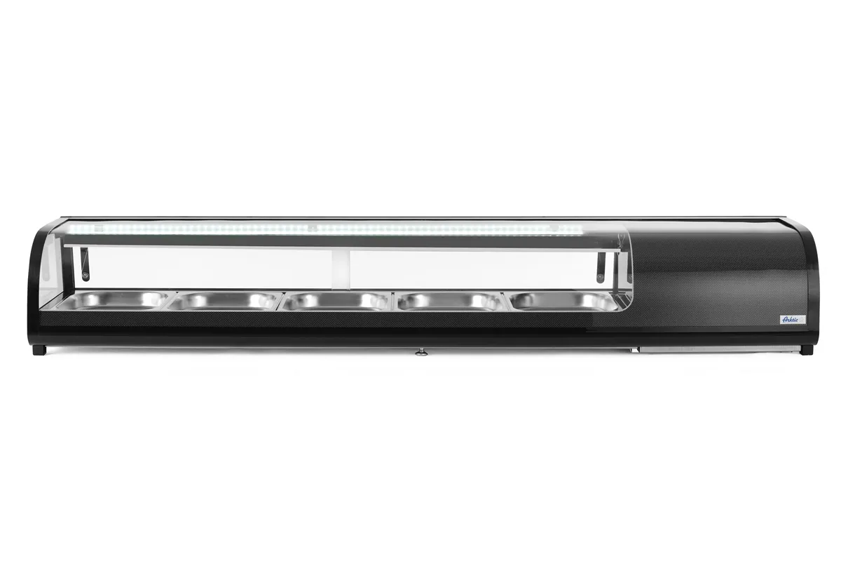 Witryna chłodnicza do sushi Pojemność: 5xGN1/2 40 mm – pojemniki w zestawie. czarny 220-240V/190W 1800x420x265mm Arktic 274040