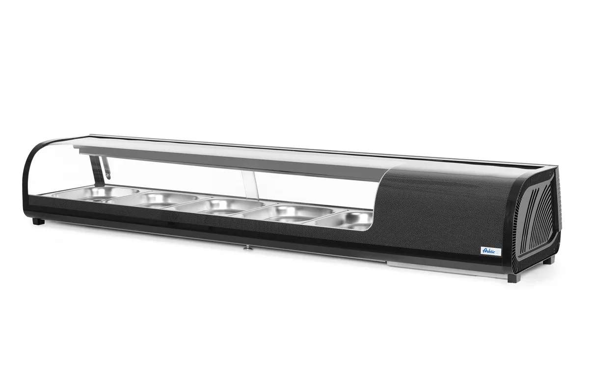 Witryna chłodnicza do sushi Pojemność: 5xGN1/2 40 mm – pojemniki w zestawie. czarny 220-240V/190W 1800x420x265mm Arktic 274040