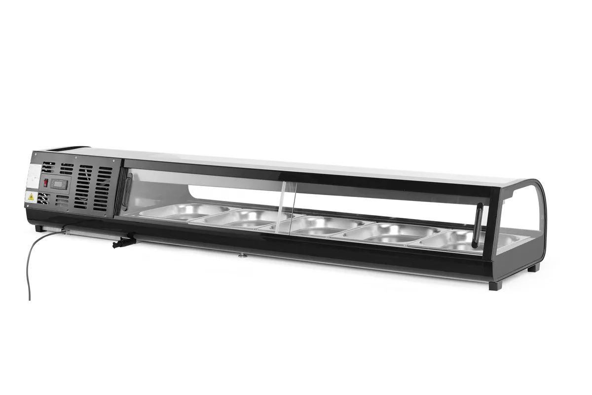 Witryna chłodnicza do sushi Pojemność: 5xGN1/2 40 mm – pojemniki w zestawie. czarny 220-240V/190W 1800x420x265mm Arktic 274040
