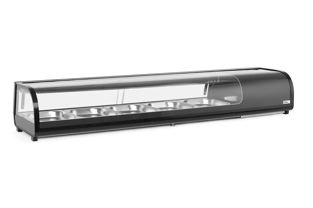 Witryna chłodnicza do sushi Pojemność: 5xGN1/2 40 mm – pojemniki w zestawie. czarny 220-240V/190W 1800x420x265mm Arktic 274040