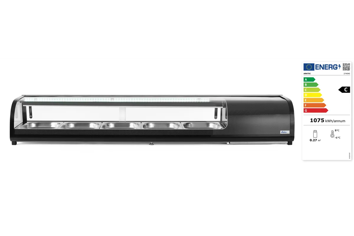 Witryna chłodnicza do sushi Pojemność: 5xGN1/2 40 mm – pojemniki w zestawie. czarny 220-240V/190W 1800x420x265mm Arktic 274040
