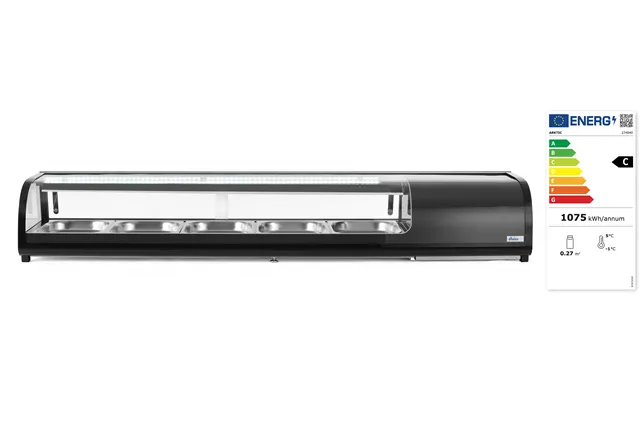 Witryna chłodnicza do sushi Pojemność: 5xGN1/2 40 mm – pojemniki w zestawie. czarny 220-240V/190W 1800x420x265mm Arktic 274040