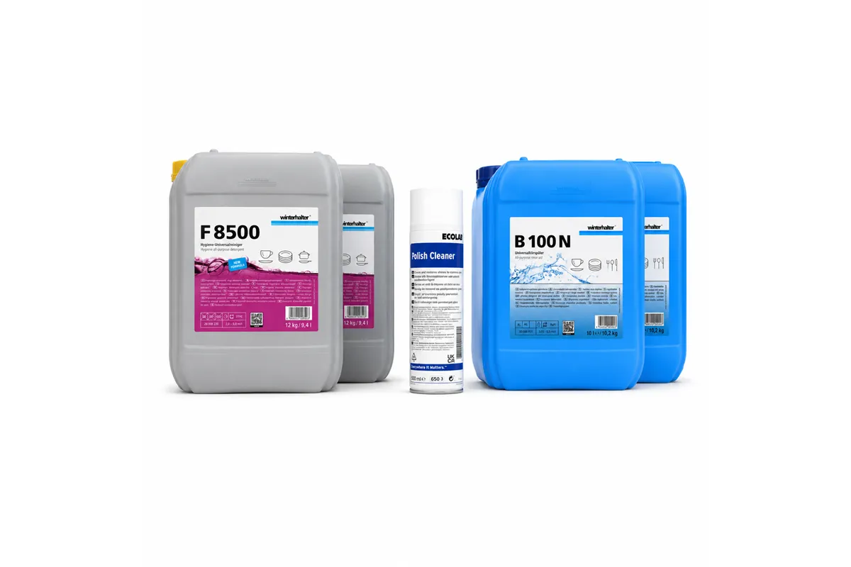 Pakiet Płynów Winterhalter F8500 New Formula 12kg + Winterhalter B100N 10L + GRATIS Polish Cleaner 500ml