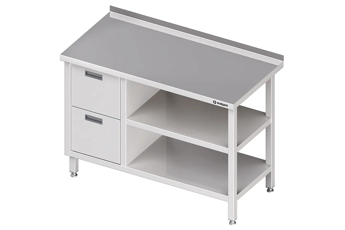 Stół przyścienny z blokiem dwóch szuflad (L),i 2-ma półkami 1200x700x850 mm Stalgast 980287120