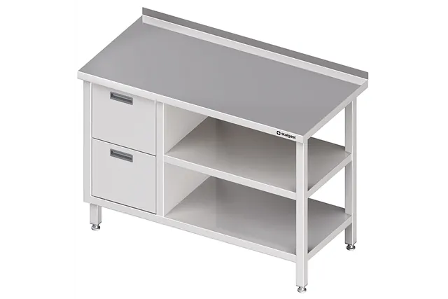 Stół przyścienny z blokiem dwóch szuflad (L),i 2-ma półkami 1200x700x850 mm Stalgast 980287120