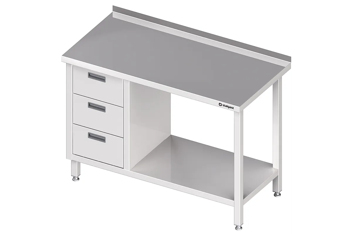 Stół przyścienny z blokiem trzech szuflad (L),i półką 1200x600x850 mm Stalgast 980386120
