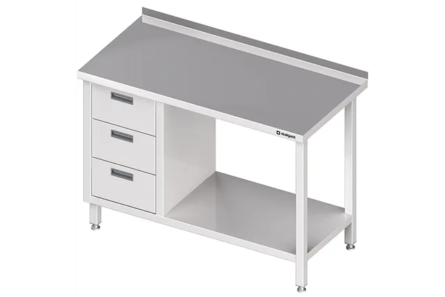 Stół przyścienny z blokiem trzech szuflad (L),i półką 1200x600x850 mm Stalgast 980386120