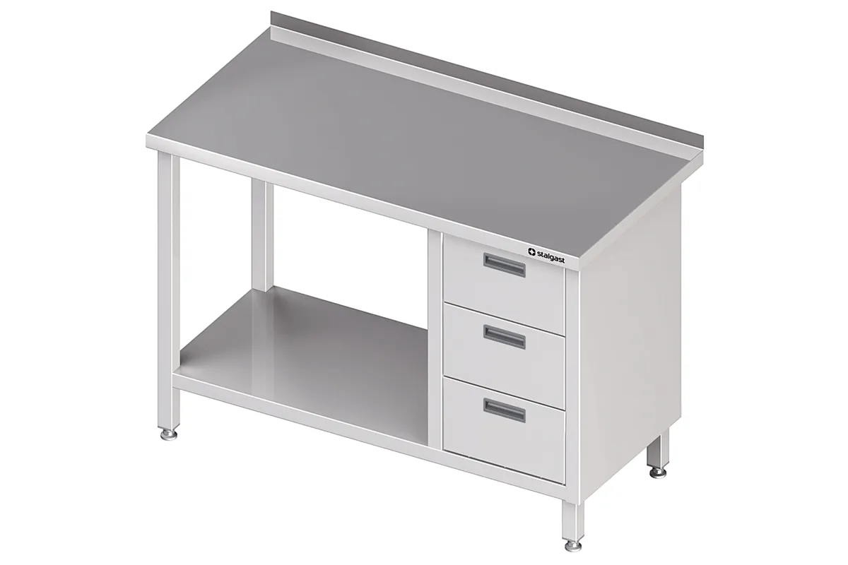 Stół przyścienny z blokiem trzech szuflad (P),i półką 1400x700x850 mm Stalgast 980397140