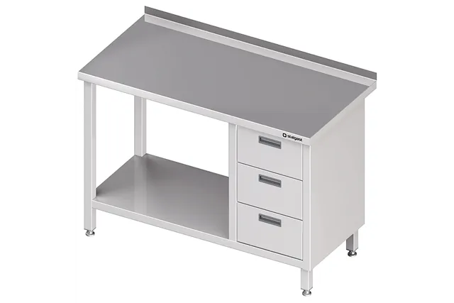 Stół przyścienny z blokiem trzech szuflad (P),i półką 1400x700x850 mm Stalgast 980397140