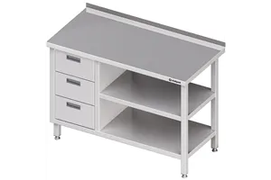 Stół przyścienny z blokiem trzech szuflad (L),i 2-ma półkami 1200x600x850 mm Stalgast 980406120