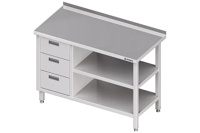 Stół przyścienny z blokiem trzech szuflad (L),i 2-ma półkami 1200x600x850 mm Stalgast 980406120