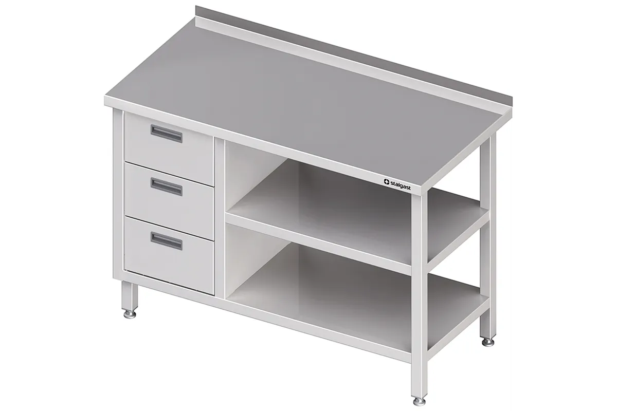 Stół przyścienny z blokiem trzech szuflad (L),i 2-ma półkami 1000x700x850 mm Stalgast 980407100