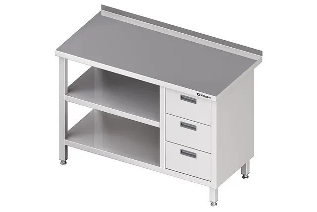 Stół przyścienny z blokiem trzech szuflad (P),i 2-ma półkami 1500x600x850 mm Stalgast 980416150