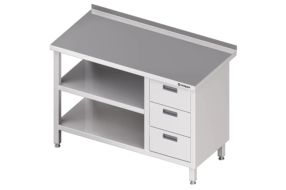 Stół przyścienny z blokiem trzech szuflad (P),i 2-ma półkami 1600x600x850 mm Stalgast 980416160