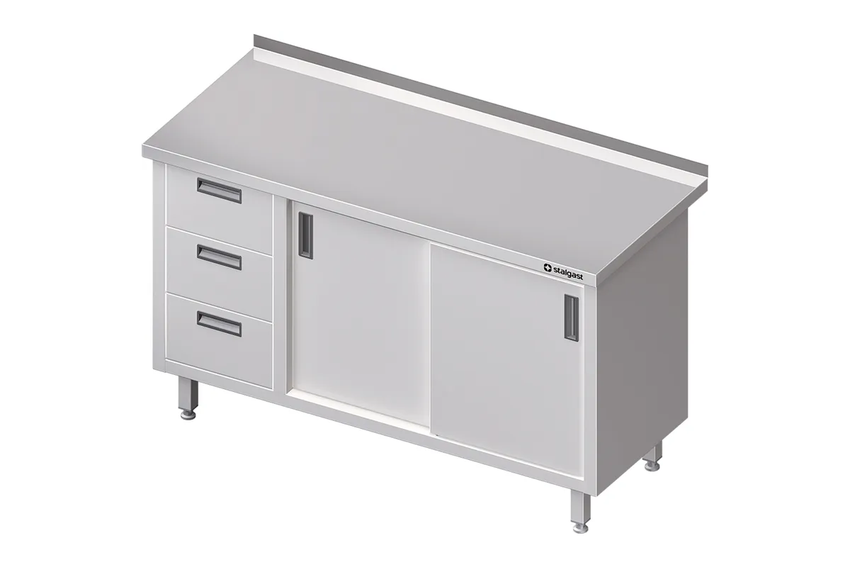 Stół przyścienny z blokiem trzech szuflad (L),drzwi suwane 1500x700x850 mm Stalgast 980467150