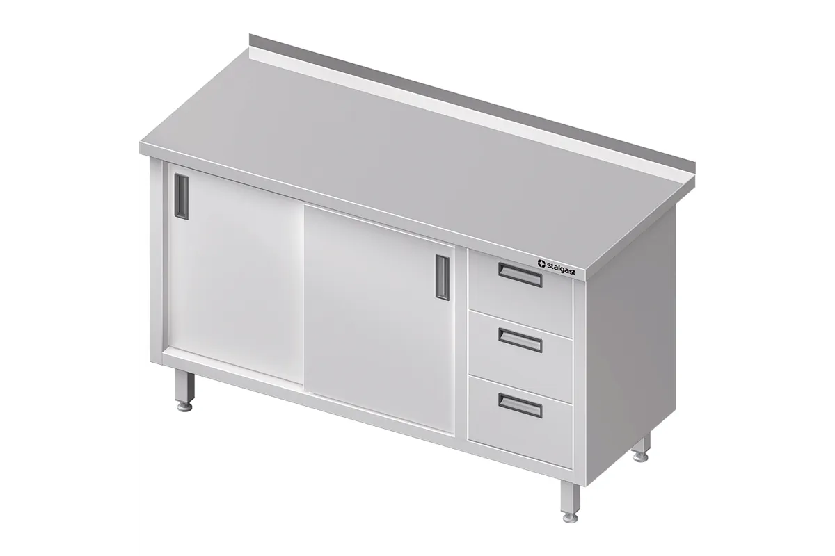 Stół przyścienny z blokiem trzech szuflad (P),drzwi suwane 1300x700x850 mm Stalgast 980477130