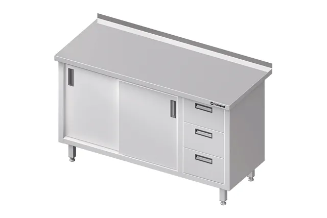 Stół przyścienny z blokiem trzech szuflad (P),drzwi suwane 1300x700x850 mm Stalgast 980477130