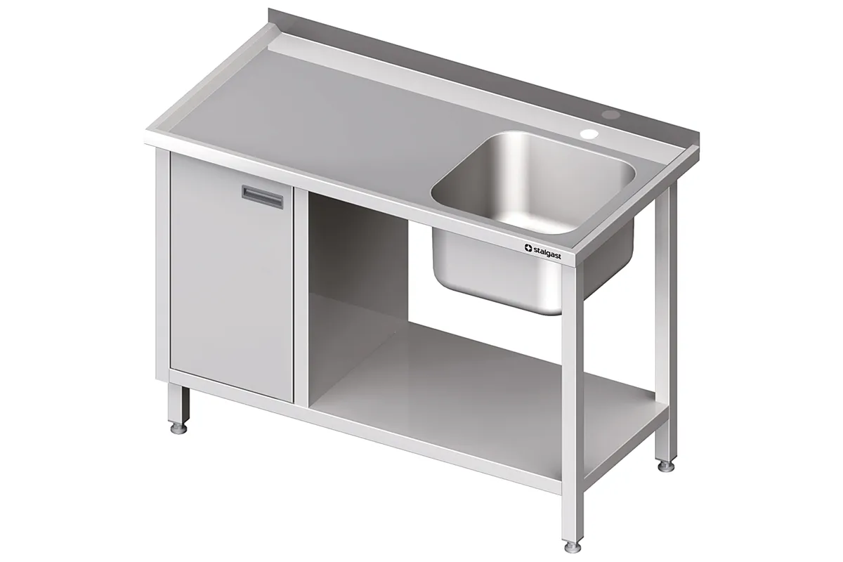 Stół ze zlew 1-kom.(P), z szafką i półką 1300x700x850 mm Stalgast 980977130