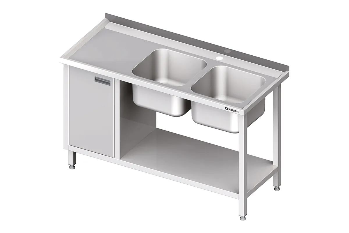 Stół ze zlew 2-kom.(P), z szafką i półką 1600x700x850 mm Stalgast 981057160