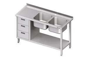 Stół ze zlewem 2-kom.(P), z blokiem trzech szuflad i półką 1400x600x850 mm Stalgast 981096140