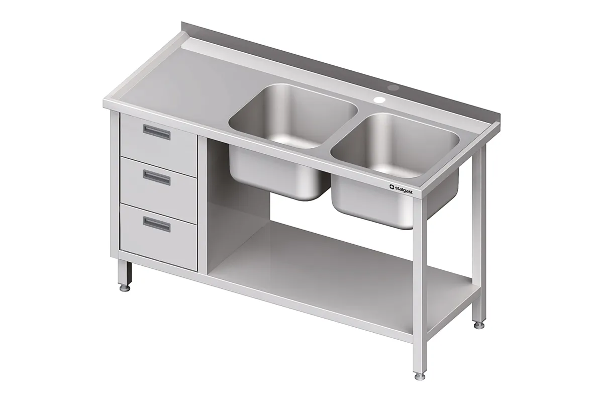 Stół ze zlewem 2-kom.(P), z blokiem trzech szuflad i półką 1500x600x850 mm Stalgast 981096150