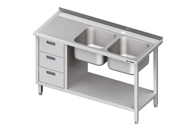 Stół ze zlewem 2-kom.(P), z blokiem trzech szuflad i półką 1500x600x850 mm Stalgast 981096150