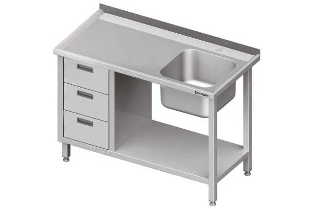 Stół ze zlewem 1-kom.(P), z blokiem trzech szuflad i półką 1200x600x850 mm Stalgast 982366120