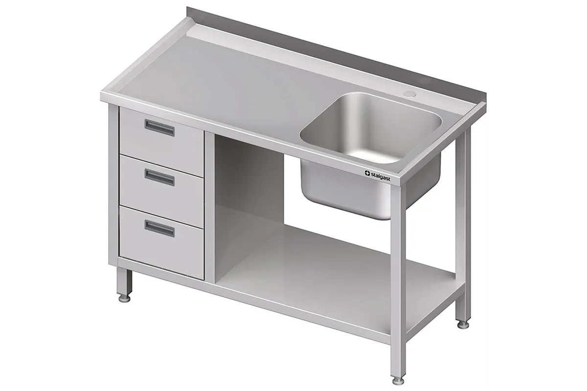 Stół ze zlewem 1-kom.(P), z blokiem trzech szuflad i półką 1500x600x850 mm Stalgast 982366150