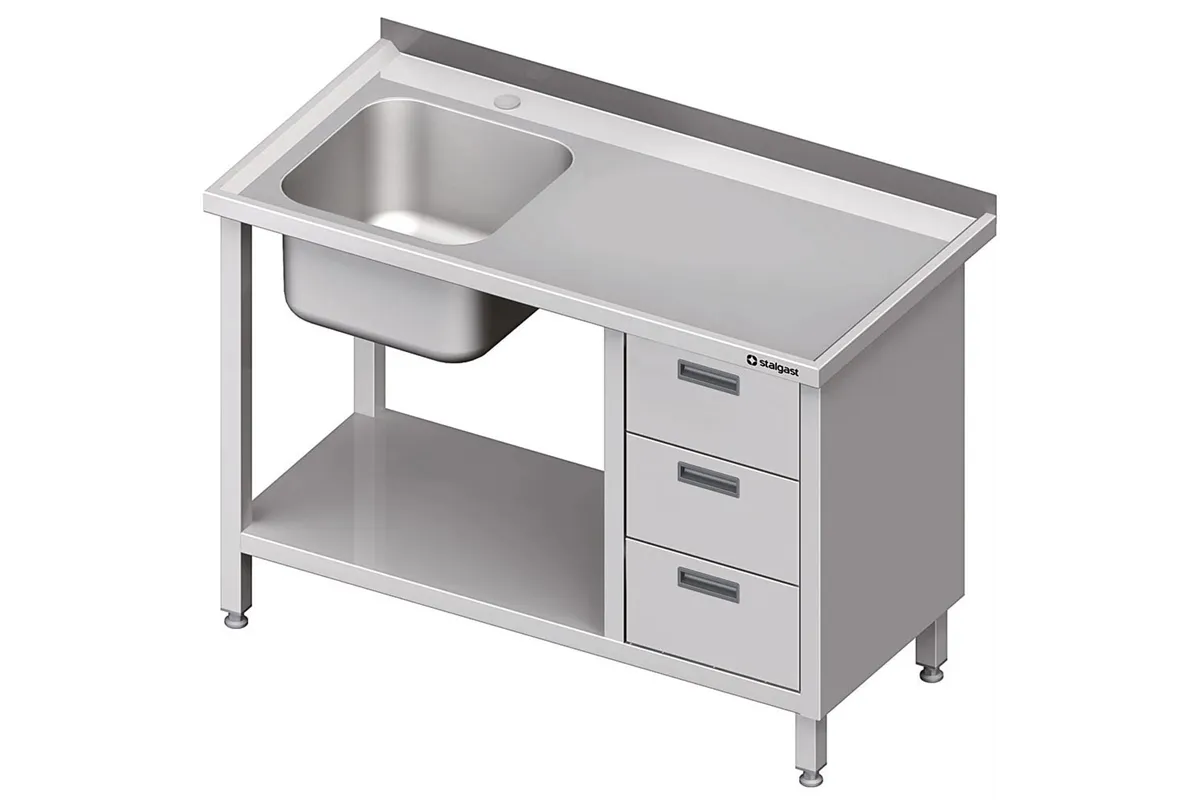 Stół ze zlewem 1-kom.(L), z blokiem trzech szuflad i półką 1400x600x850 mm Stalgast 982376140