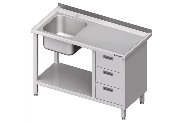 Stół ze zlewem 1-kom.(L), z blokiem trzech szuflad i półką 1600x600x850 mm Stalgast 982376160