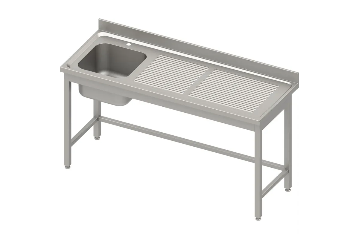 Stół ze zlewem 1-kom.(L),bez półki 1600x700x850 mm, blat tłoczony,rant puszkowy 100x15x10 Stalgast 984447160