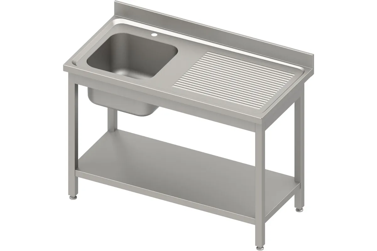 Stół ze zlewem 1-kom.(L),z półką 1600x700x850 mm skręcany, blat tłoczony,rant puszkowy 100x15x10 Stalgast 984477160